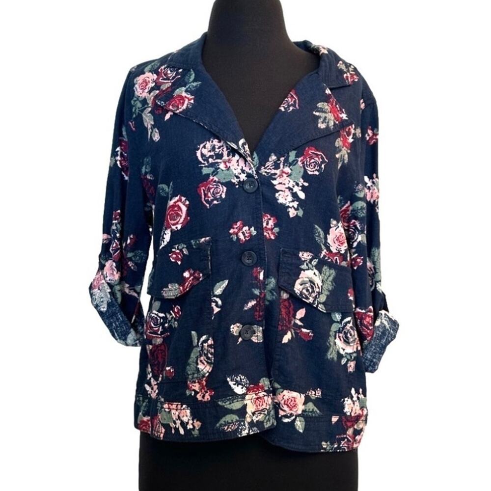Maurice's Linen Blend Jacket Top Shacket Blue Rose Floral Size M Casual Office - Picture 3 of 15